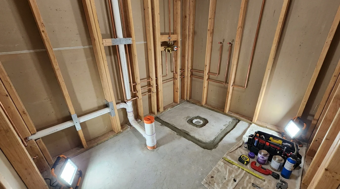 Bathroom rough-in plumbing during remodel by Johns Plumbing LLC in Winter Park