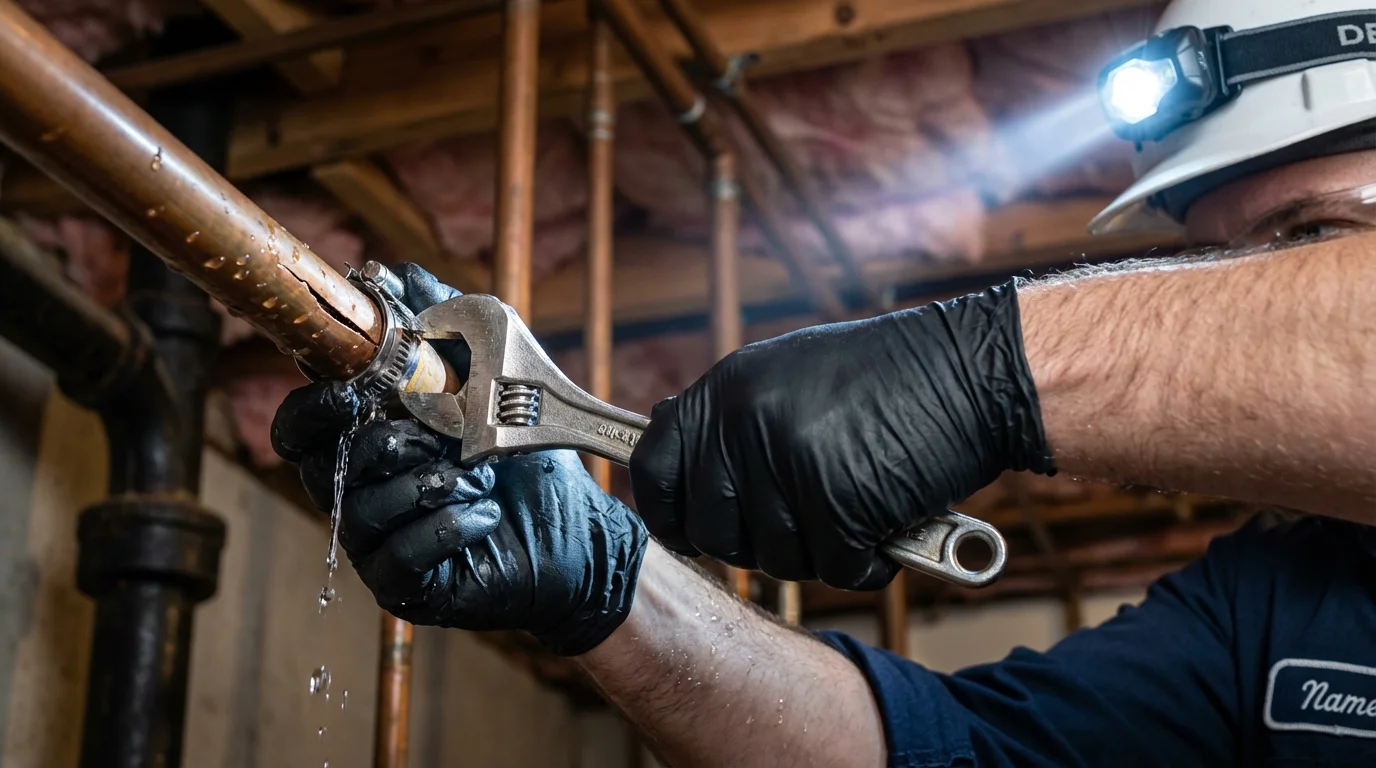 Emergency pipe clamp repair being performed by a Johns Plumbing LLC plumber in Winter Park