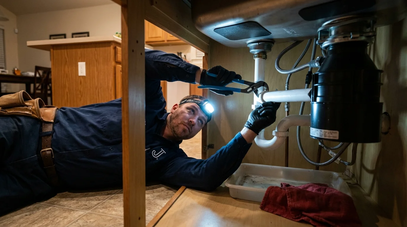 P-trap and supply line connections under a kitchen sink showing a common leak point in Winter Park, FL